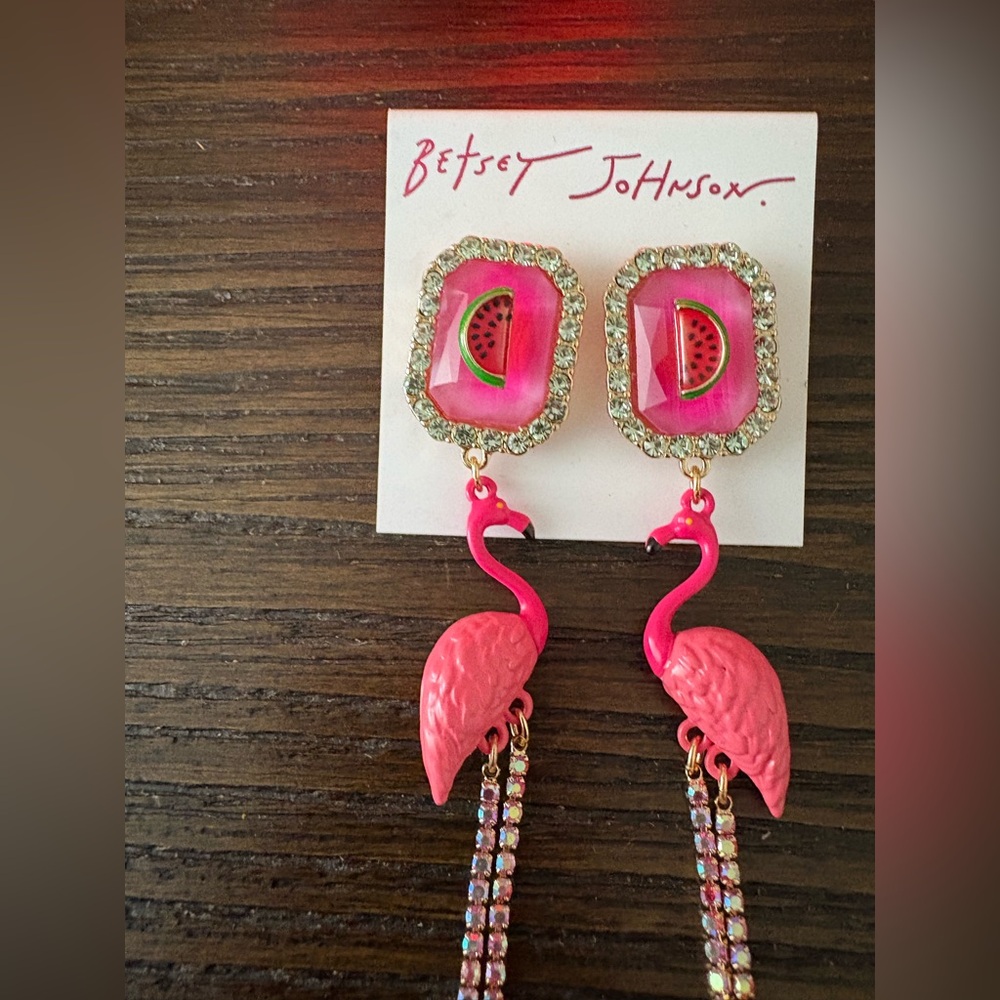 NEW Betsey Johnson Pink Flamingo Dangle Earrings - Picture 2 of 3